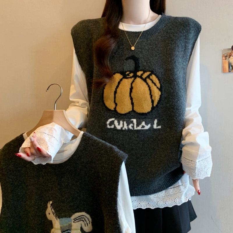 Stall Real Shot Plus Size 25 Autumn/Winter Loose Round Neck Small Horse Jacquard Knit Vest Two-Piece Set