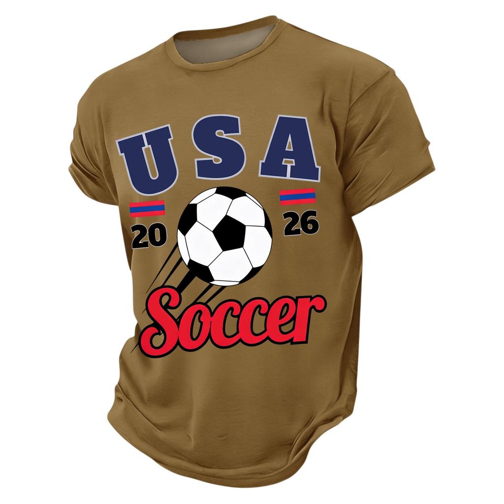 Men’s Casual Crew Neck Printed Short Sleeve Lightweight Breathable Top with USA 2026 Soccer Letter Graphic Design