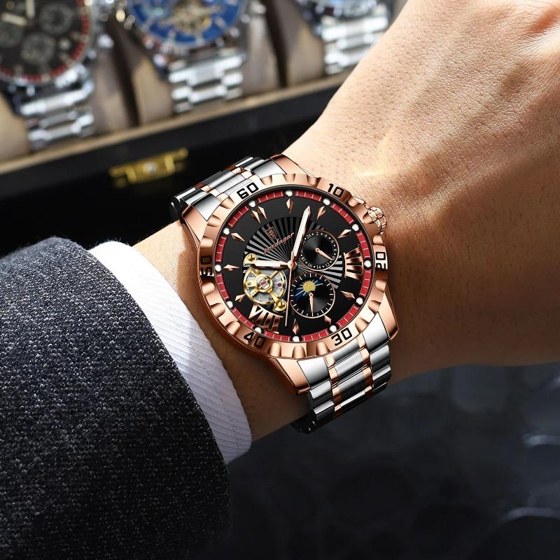 POEDAGAR Luxury Men Clock Hollow Tourbillon Automatic Mechanical Watch Waterproof Luminous Stainless Steel Watches+Box