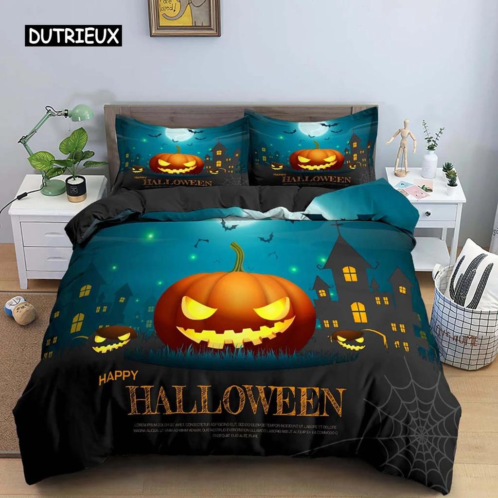 Halloween Duvet Cover Evil Pumpkin Pattern Bedding Set Carnival Night Halloween Holiday Decoration for Teens Boys Bedroom Decor