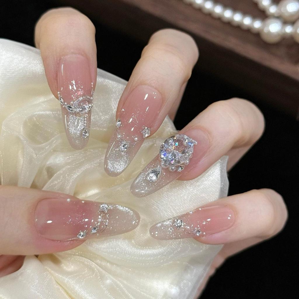 Zircon ins wind cat's eye pure handmade wearing nail nude white pure desire advanced long nail art patch fake nail