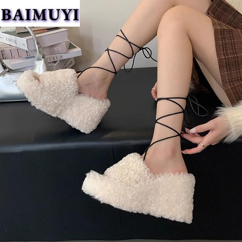 Fur Platform Wedges Women Slippers High Heels Shoes 2025 Trend Slingback Open Toe Short Plush Flip Flops Pumps Mujer Zapatos