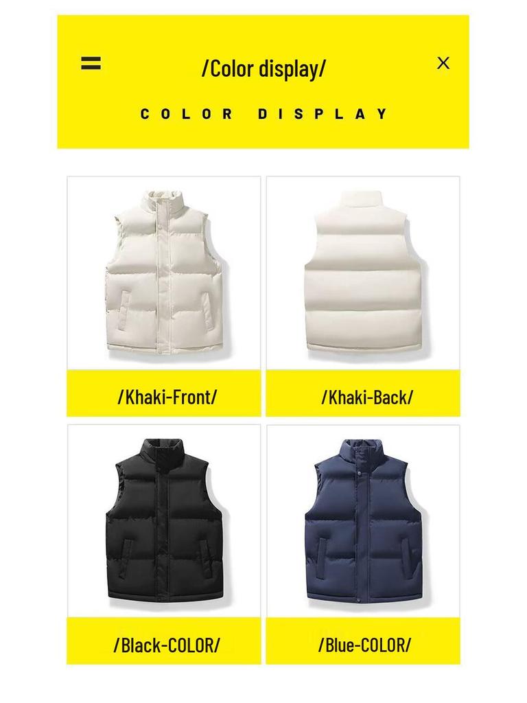 Men's Trendy Solid Color Stand Collar Vest - Warm Sleeveless Cotton Outerwear for Autumn/Winter