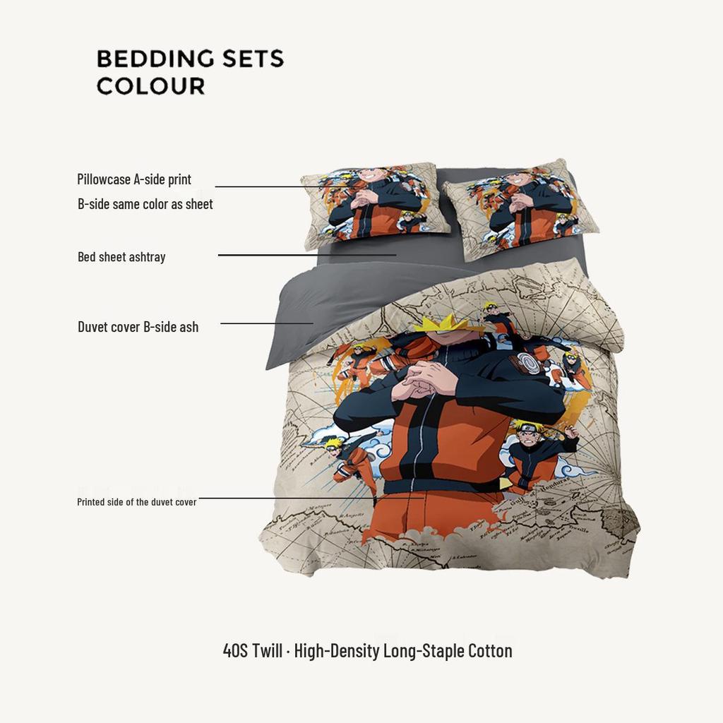 Naruto Cotton Bedding Set: Duvet Cover, Fitted Sheet, Pillowcase for Boys' Dorms