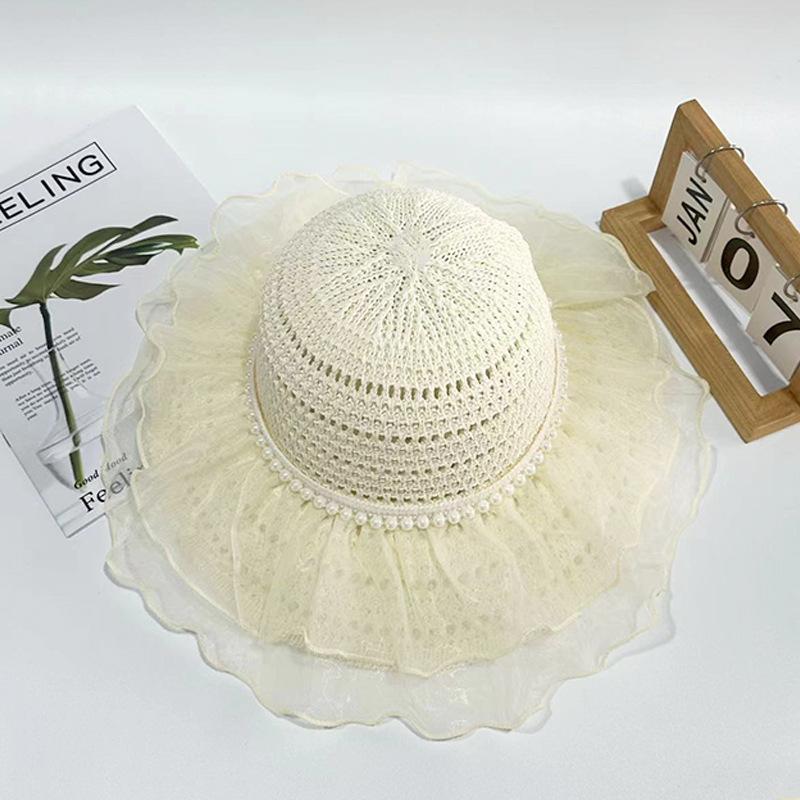 Double Lace Edge Pearl Straw Hat Summer Ladies Out Versatile Big Brim Knitted Hollow Sun Hat