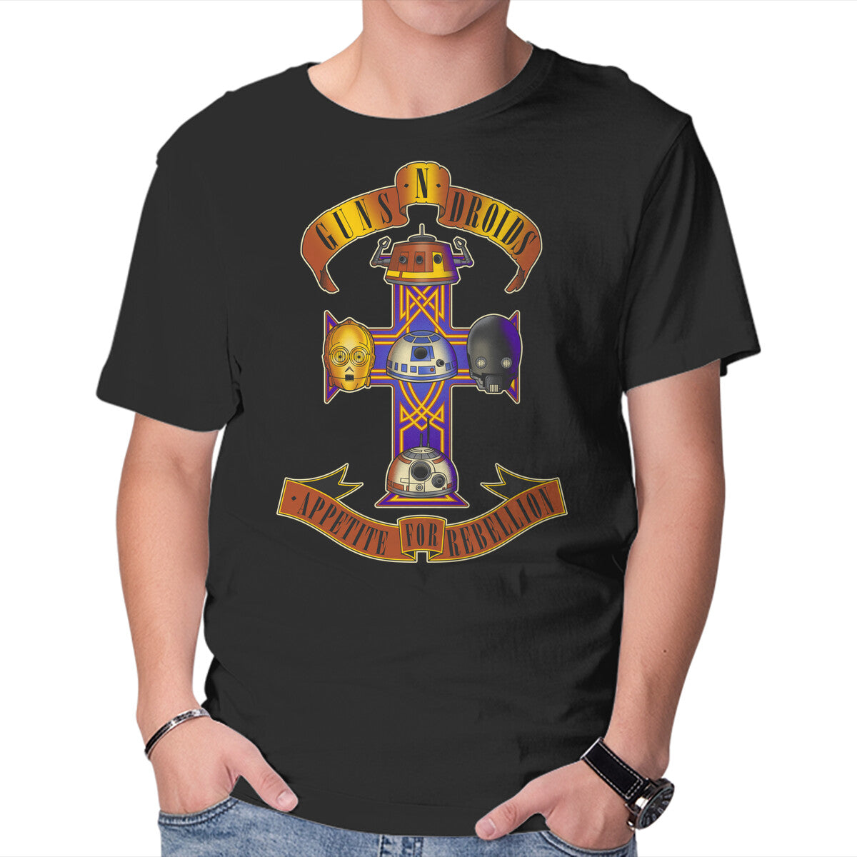 Unisex Crew Neck T-Shirt Guns N Droids Graphic Short Sleeve Casual Tee XXXXL