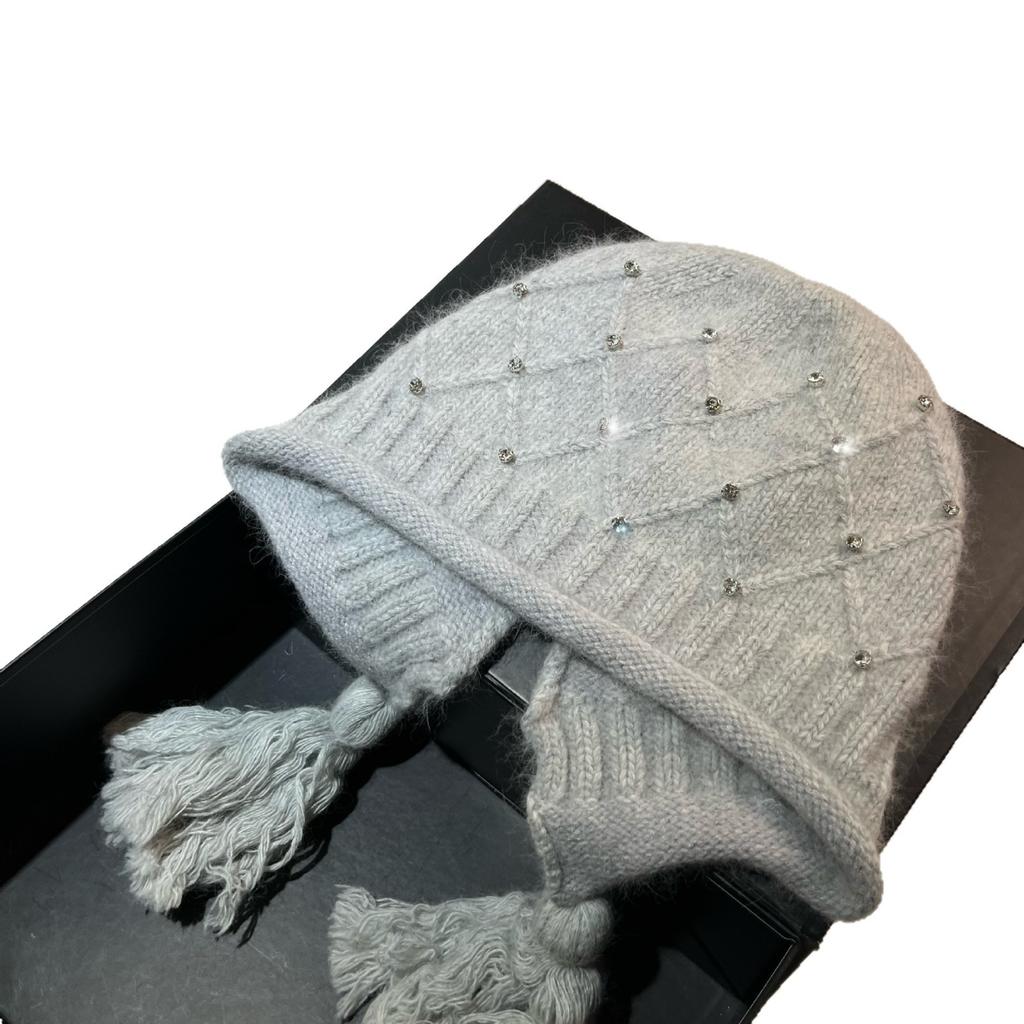 Xiaoxiangfeng Rhombus Rabbit Velvet Knitted Hat Angora Rabbit Hair Warm Soft Waxy Ear Protection Hat Rhinestone Fringed Baotou Hat Winter