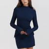 Elegant Dark Blue Solid High Waist Mini Dress Women Fashion Pocket Decora Long Sleeve Bodycon Dresses 2023 Chic Party Club Robes