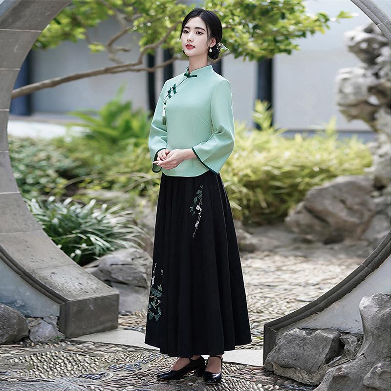 Women's Two-piece Outfit Three Quarter Sleeve Blouse High Waist Pantsuit Vintage Chinese Style Casual Set