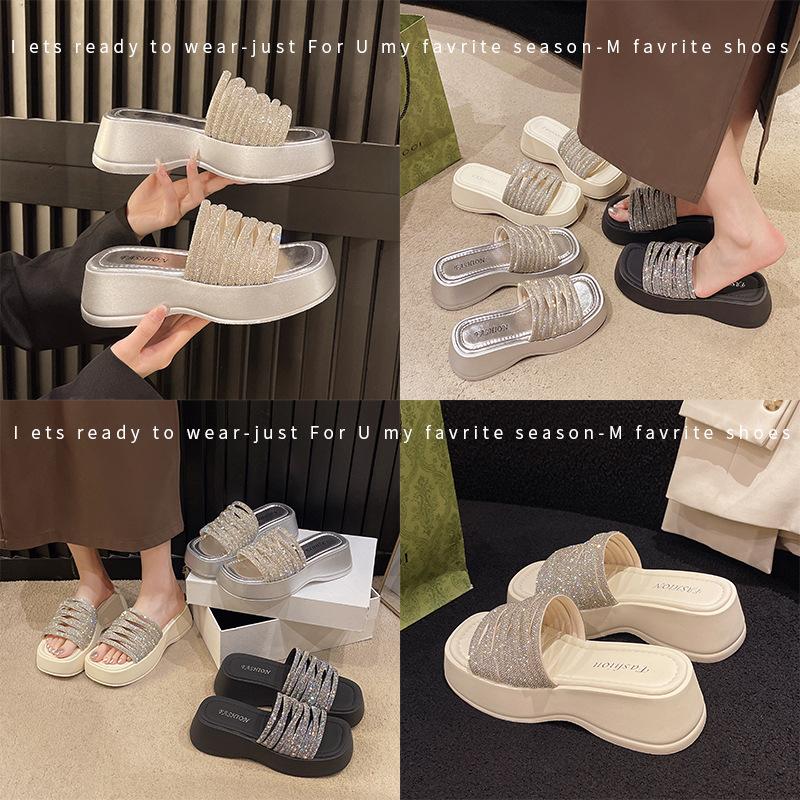 Hong Kong style, wearing thick-soled rhinestone cool slippers, girls' new niche open-toed sandals, one-word high casual shoes