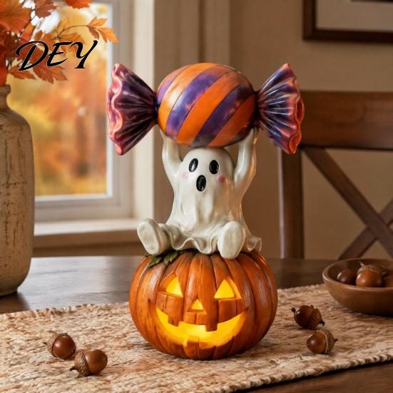 Spooky Holiday Decoration Halloween Ghost Figurine, Cute Sitting on Pumpkin Holding Candy Whimsical Statue Statue, Resin Table Ornament for