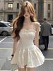 Double-layer white square neck suspender pleated fungus lace dress women's summer pure desire light luxury sexy skirt