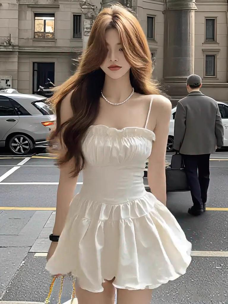 Double-layer white square neck suspender pleated fungus lace dress women's summer pure desire light luxury sexy skirt