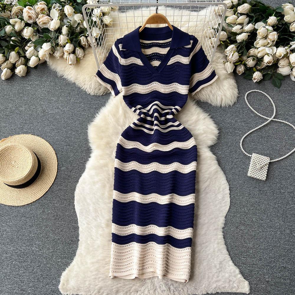 Polo neck short-sleeved striped knitted dress women's summer new hip-wrapped and thin niche hollow V-neck medium and long dress