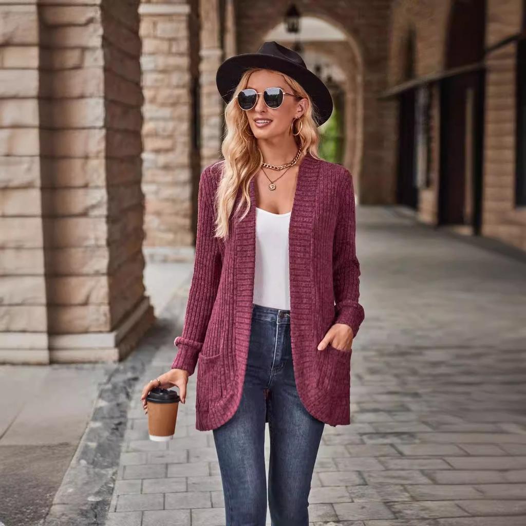2025 Autumn New Women's Solid Color Ribbed Fleece Casual Patchwork Long Sleeve Cardigan Coat
