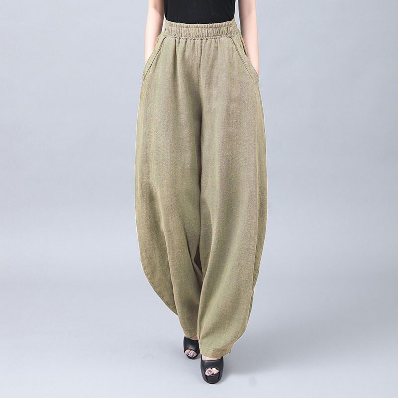 Vintage Chinese Style Summer Pure Cotton Faux Linen Women's Loose Tai Chi Pants Harem Long Lantern Pants Design