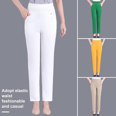 Women Summer Pants Elastic Waistband High Waist Casual Trousers Solid Color Pockets Design Straight Leg Thin Pants Mid-aged Leisure Pants