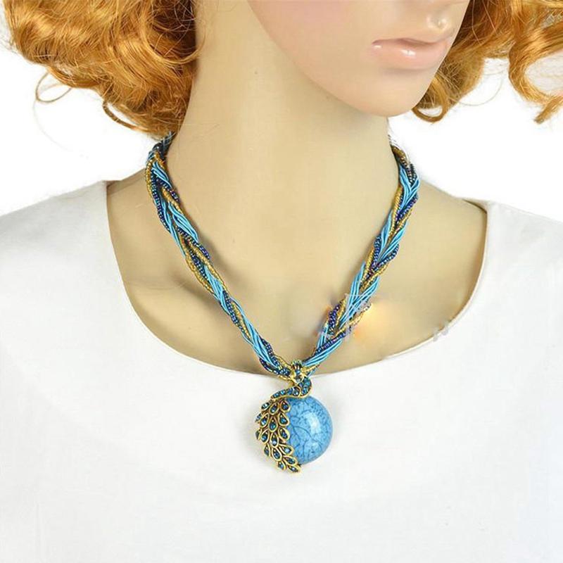 Mode Ethnischer Stil Harz Steinperlen Anhänger Pfau Halskette Retro Böhmischer Stil Schmuck