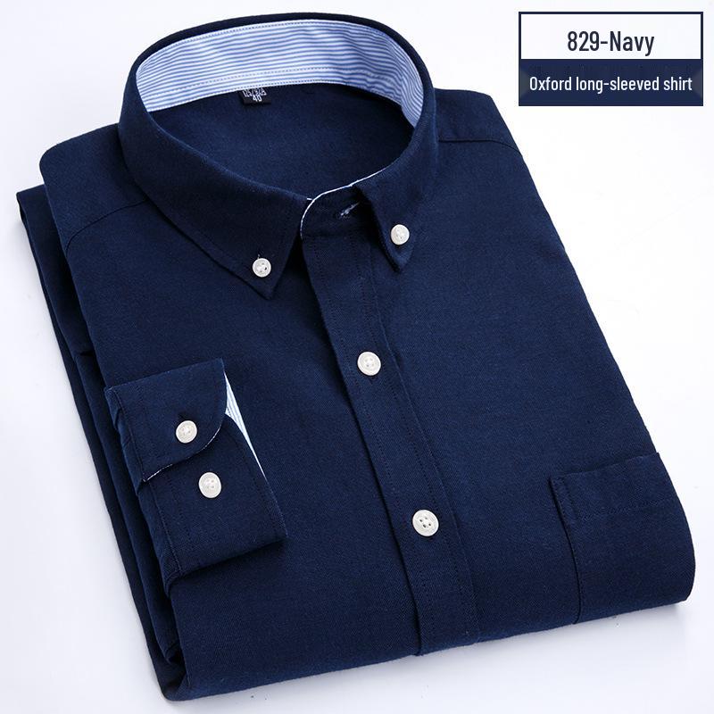 Men's Oxford Cloth Button-Down Shirt - All-Season, Long-Sleeved, Contrast Collar, Casual Cardigan Style for Middle-Aged and Elderly
