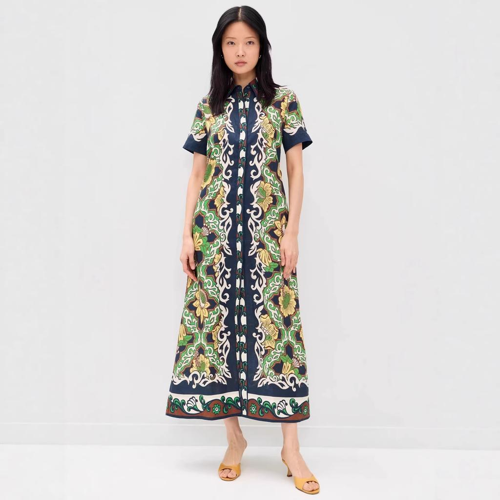 European and American Retro Contrasting Color Printed Shirt Skirt, Lapel Short-sleeved Long Temperament Holiday Dress