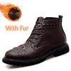 Mens Boots High Quality Men Casual Shoes Winter Lace-Up Side Zipper Ankle Boots Plush Warm Outdoor Snow Shoes Crocodile Pattern