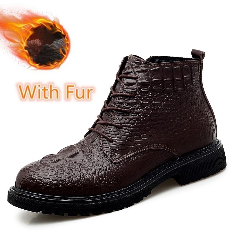 Mens Boots High Quality Men Casual Shoes Winter Lace-Up Side Zipper Ankle Boots Plush Warm Outdoor Snow Shoes Crocodile Pattern