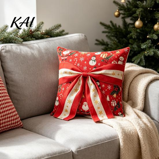 Decorative Cushion Cases for Sofa Christmas Throw Pillow Cover, Holiday Cover with 3D Bow, Covers Seasonal Farmhouse Case Living Room Couch