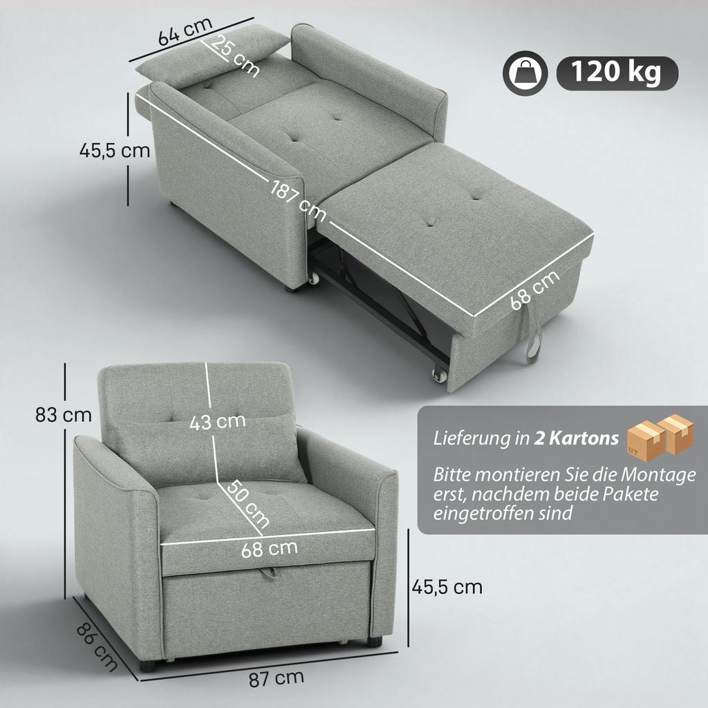 3-in-1 Sleeper Chair, Pull-Out Sofa Bed Chair with Adjustable Backrest, Grey