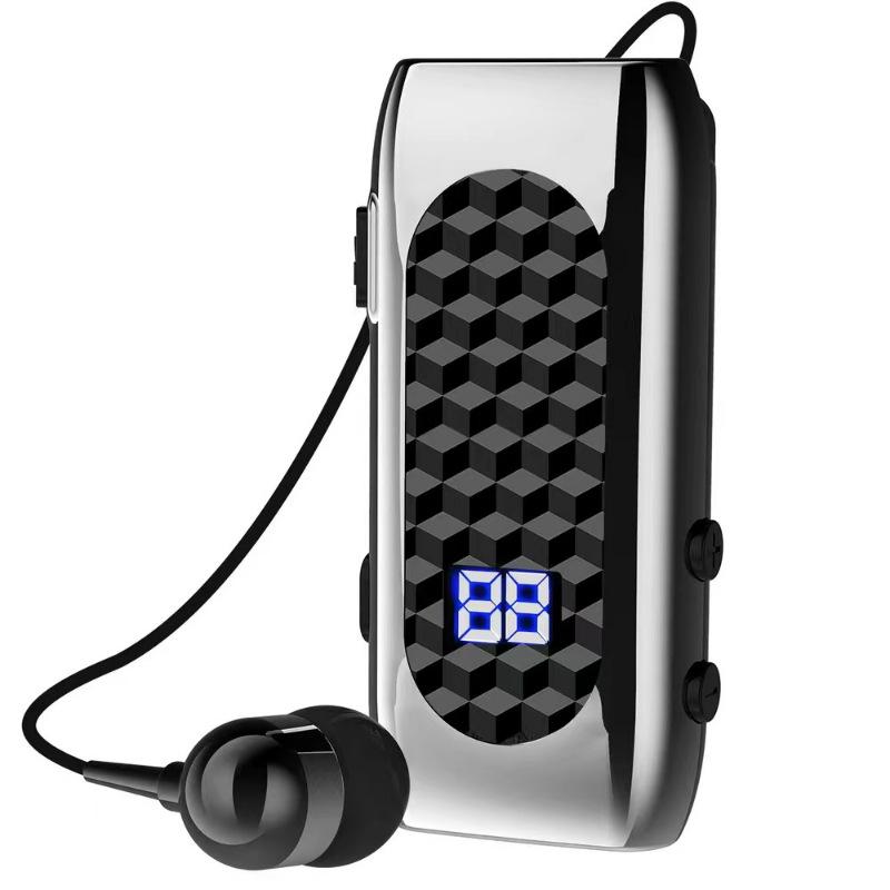 DR13 Clip-On Bluetooth Earphone with Retractable Pull-Out Line, 20H Battery, Digital Display, Business Call Vibration & Number Reporting.