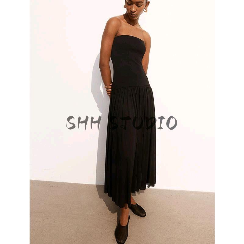Spring New Women Clothes European and American Simple Style Tube Top Sleeveless Long Mini Dress 1239043