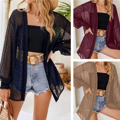Fashion Thin Long Sleeve Plus Size Casual Blouse Women Summer Solid Elegant Loose Cardigan Shirts Women Tops See Through Sexy Ladies Blouses 25904