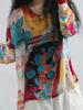 Vintage Floral Print Linen Tshirt Women Long Sleeve Loose Casual Summer Thin Tshirts Comfortable Fashion Top