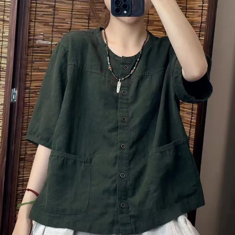 

Женская ретро рубашка с рукавом до середины предплечья и карманами - Универсальная, многоцветная, в китайском стиле XXL (130-145 lbs recommended) зелёный