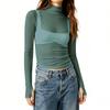 Women Sheer Mesh Polka Dot Long Sleeve Top Slim Fit Semi High Neck Stretchy Transparent T-Shirt Layering Base Shirt