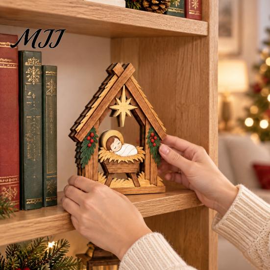 Stable Solid Wood Crafts 3Pcs Wooden Nativity Scene Decor, Christmas Manger Ornaments, Holy Family Vintage Style Xmas Ornaments Baby Jesus Tabletop