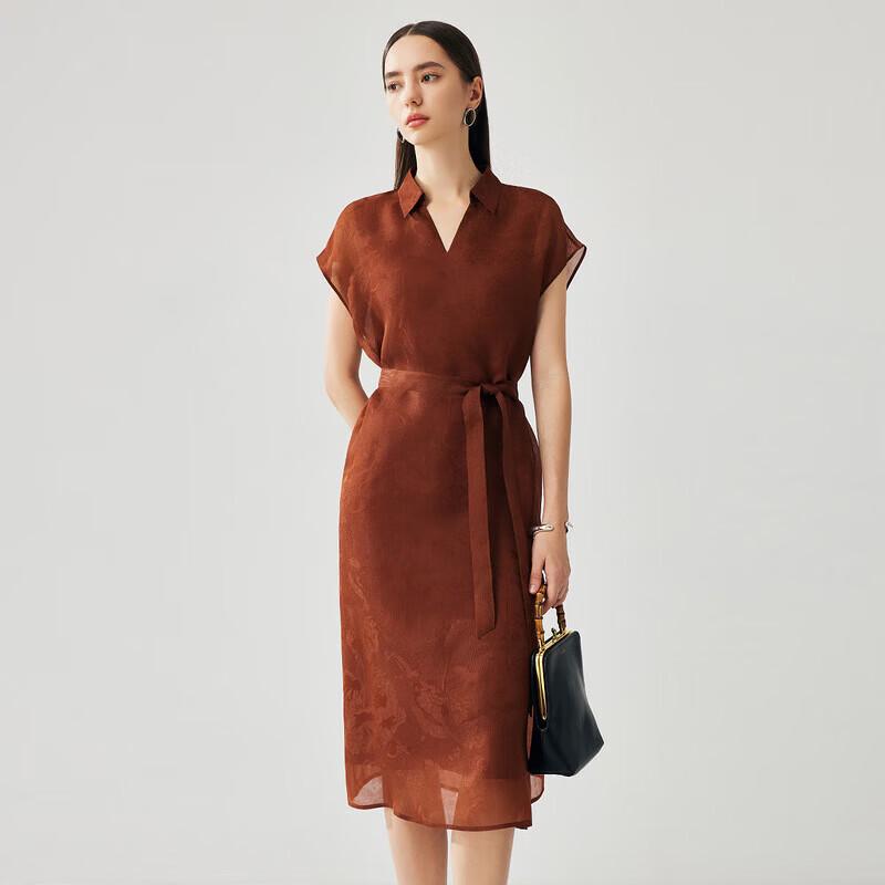 Zhaojun Women's Mulberry Silk Jacquard Short-Sleeve Belted Dress