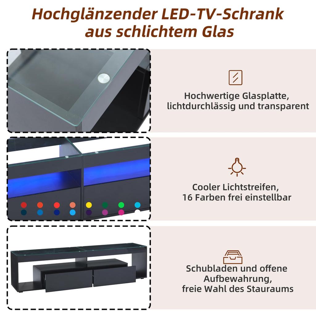 TV Schrank Stilvoll Fernsehschrank TV Lowboard Hochglanz Schwarz 70 Zoll Fernseher, TV Ständer 2 Schubladen, TV Möbel Wohnzimmer Schlafzimmer