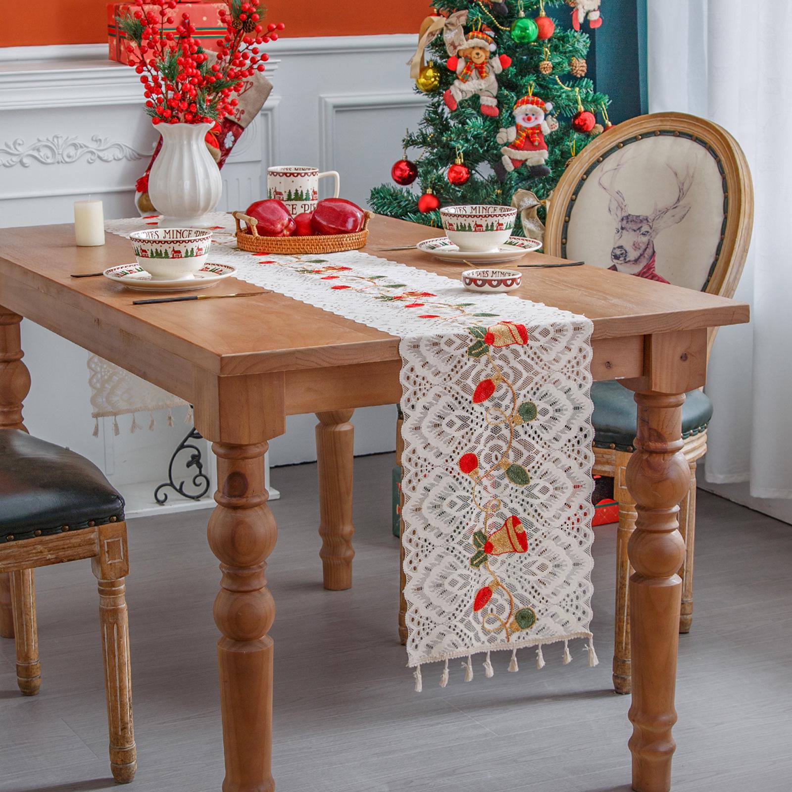 

American Christmas Bell Lace Table Runner with Tassels – Festive Crochet Style Tea Coaster 30x150 cm белый