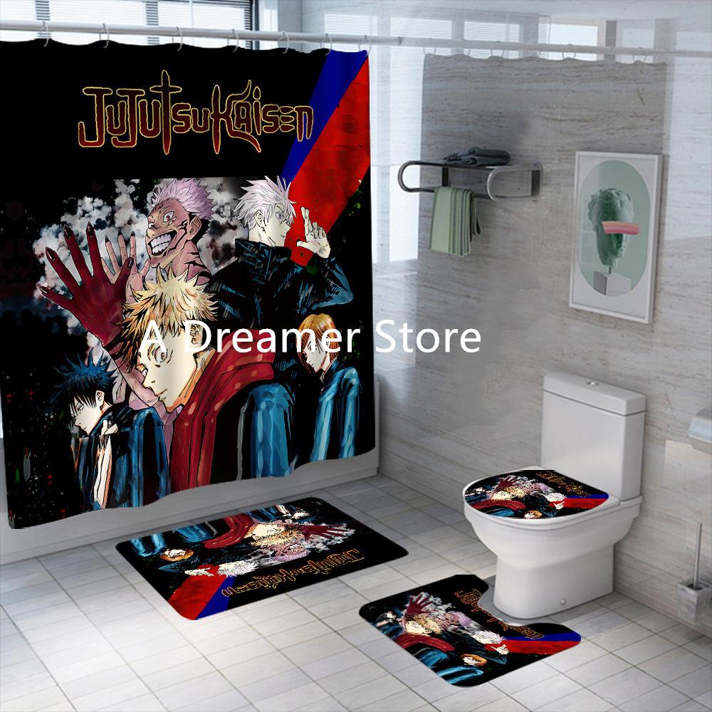 Nuovo Set Tenda da Doccia Anime Jujutsu Kaisen 4 Pezzi Poliestere Impermeabile Tende da Bagno per Adulti Ragazzi Decorazione Tappetini da Bagno Tappeti