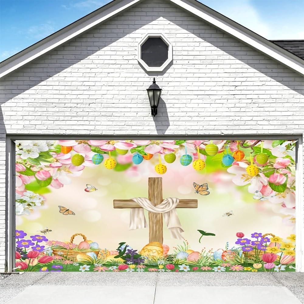 7x16ft Happy Easter Garage Door Cover Jesus Resurrection Backdrop Spring Easter Eggs Cross Garage Banner Photo Backdrop Easter Decor Church Easter