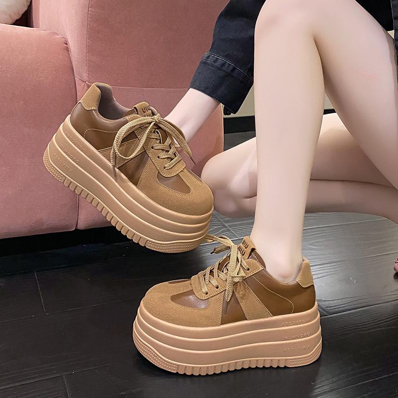 Mode 7CMDamen Freizeitsportschuhe Absätze Hohe Plateau-Sneakers Keilabsatz Höhenerhöhendes Schuhwerk Leder Leopard Bequeme Klobige Sneakers