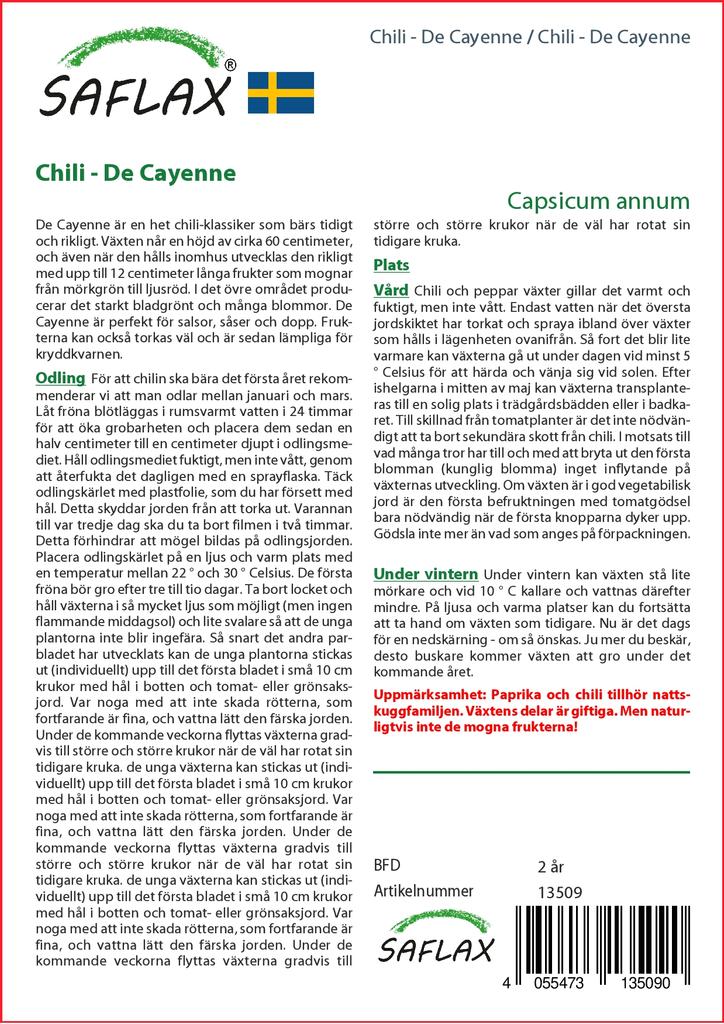 SAFLAX Garden In the Bag - Chili - De Cayenne - 20 Seeds - With Substrate In a Fitting Stand Up Bag - Capsicum Annum