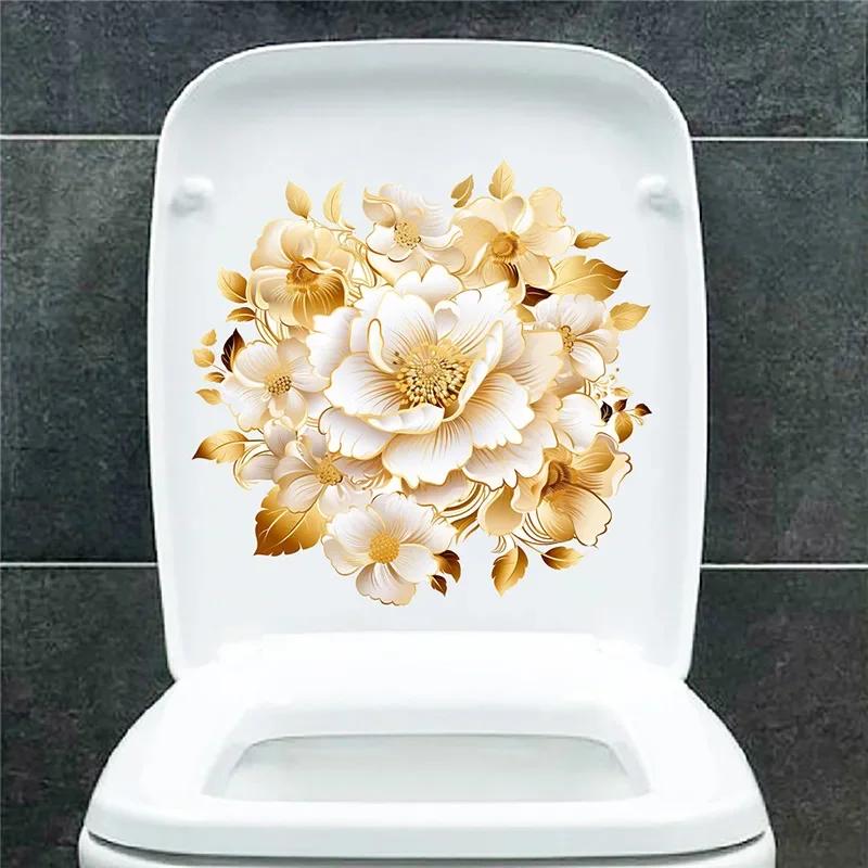 Bathroom Toilet Stickers Modern Minimalist Golden Flowers Pattern Self-adhesive Paintings For Bathroom Living Decorations