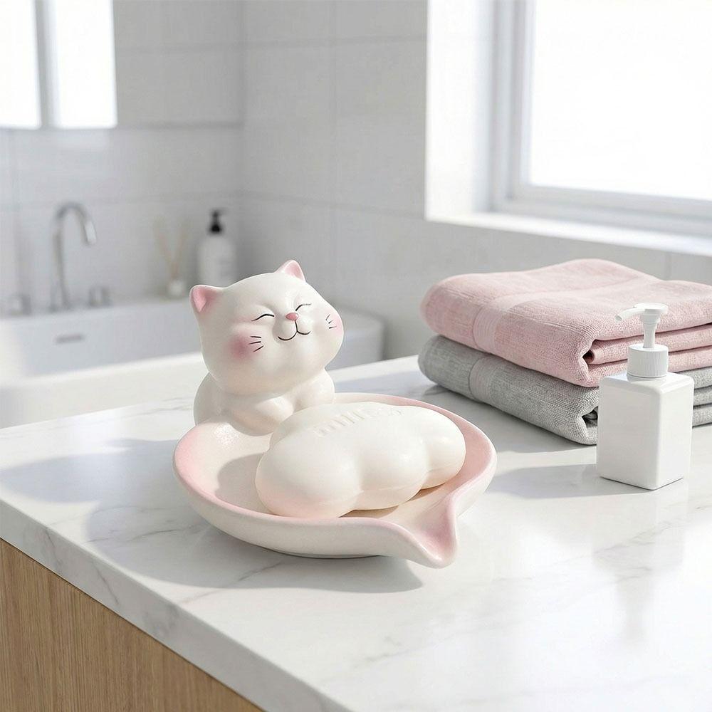 Pastel Pink White Cat Soap Dish With Drainage Soap Container Lucky Cat Soap Case  Household Use