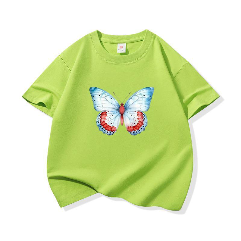 Kids Cotton T Shirt Light Blue And Red Butterfly Print Crew Neck Short Sleeve Tee Casual Boys Girls Summer Tops
