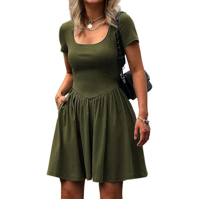

Solid Color Square Neck Short Sleeve Pleated Casual Mini Dress S зелёный