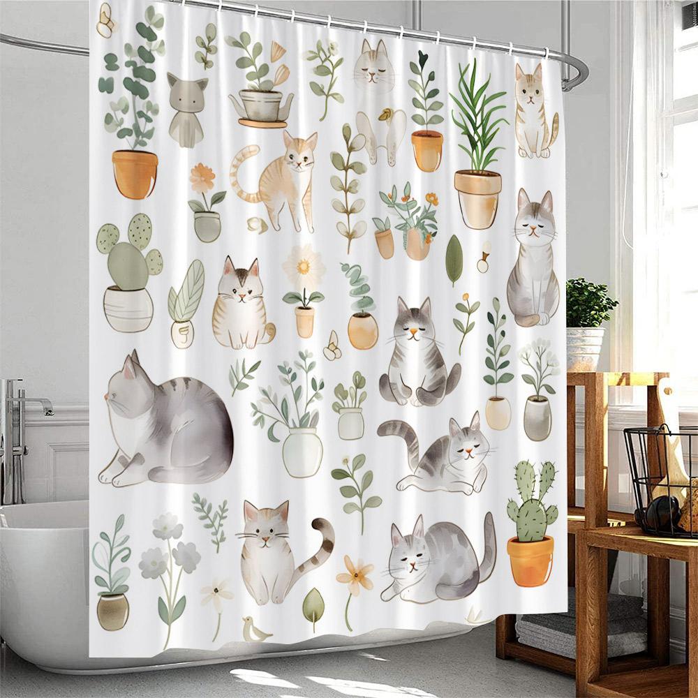 Green Plants Shower Curtain Tropical Leaves Cactus Succulent Flower Botanical Bathroom Decor Polyester Bathtub Curtain With Hook