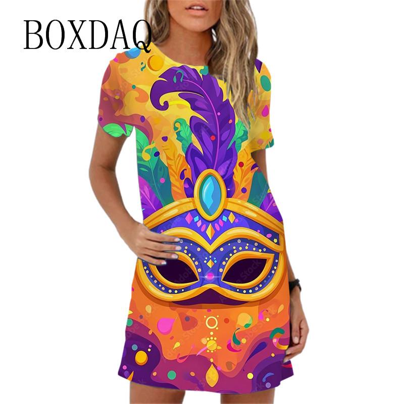 Summer New 2025 Women Mini Dress Vibrant Tuesday Carnival Party Dress Casual Short Sleeve O-Neck Print Loose A-Line Dress Womans