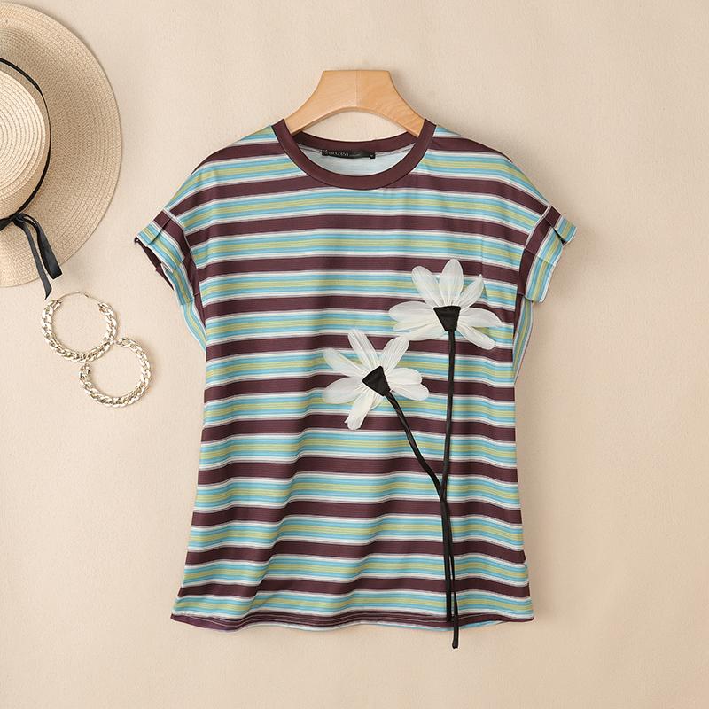 ZANZEA Women Casual Round Neck Loose Stripe Print Short Sleeve Blouse M зелёный