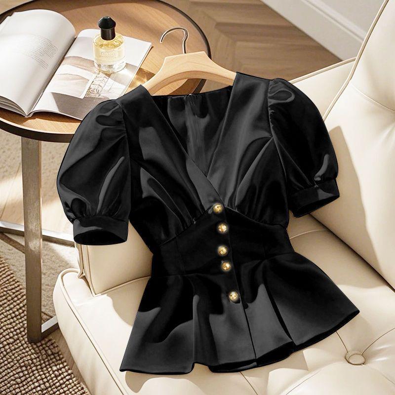 Chic Blue French Niche Short-Sleeve Blouse - Stylish Women's Outerwear for Summer 2026